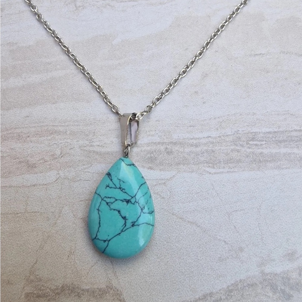 New Handmade 925 Sterling Silver Natural Turquoise Water Drop Necklace - Picture 14 of 15